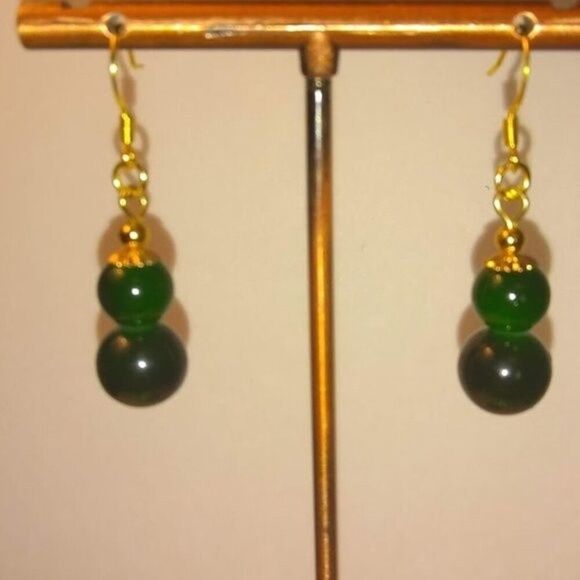 Deep Forest Green Double Bead Drop Earrings - Picture 4 of 5